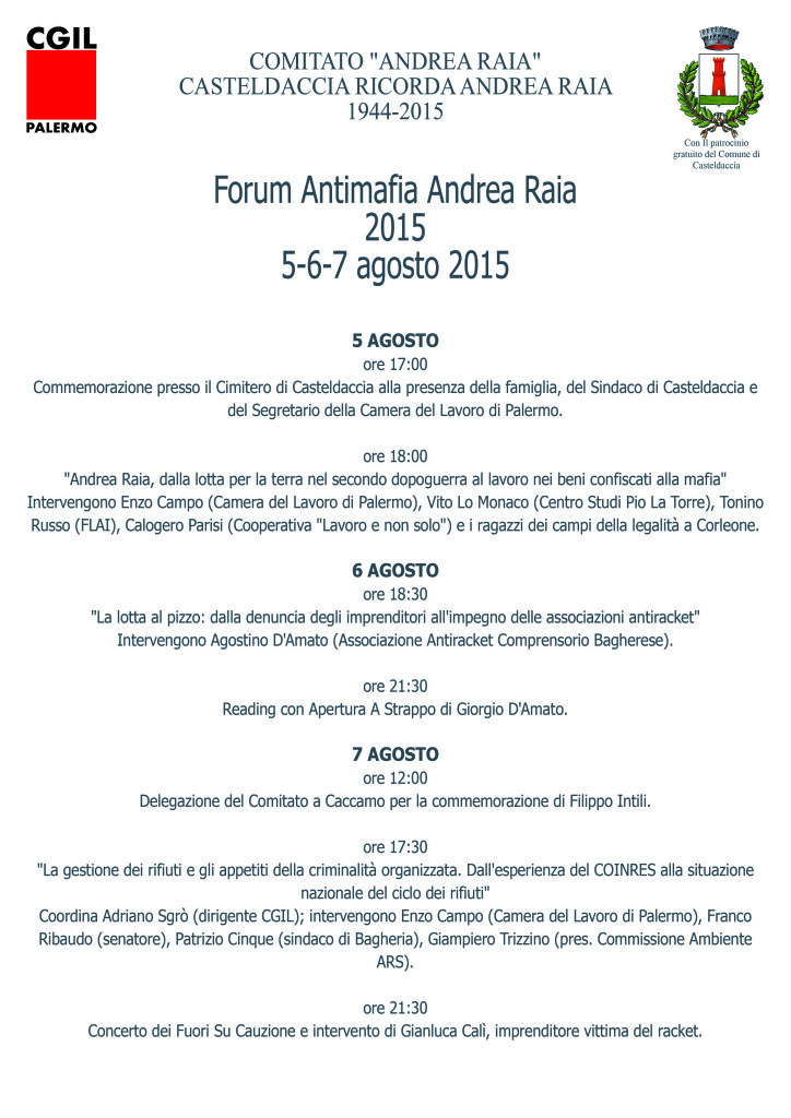 Casteldaccia, 5-6-7 Agosto Forum Antimafia Andra Raia